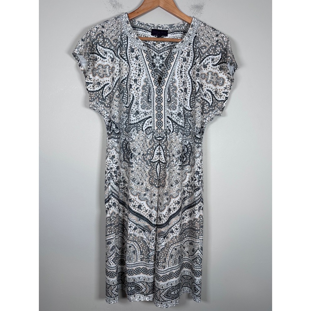 Hale Bob Paisley Shift Dress Womens Small Gray Tan Boho Medallion Stretcg